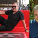Editorial collage accompanying a profile of Bob Gervais and his relationship with Ricky Gervais, featuring a Hollywood Walk of Fame scene and a smiling older man.