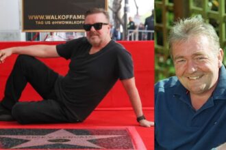 Editorial collage accompanying a profile of Bob Gervais and his relationship with Ricky Gervais, featuring a Hollywood Walk of Fame scene and a smiling older man.