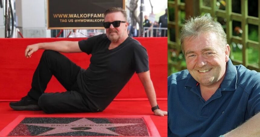 Editorial collage accompanying a profile of Bob Gervais and his relationship with Ricky Gervais, featuring a Hollywood Walk of Fame scene and a smiling older man.