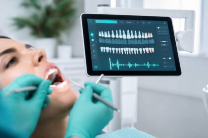 Dental hygienist performing a periodontal exam while an AI voice-charting screen displays real-time tooth charting and audio waveform