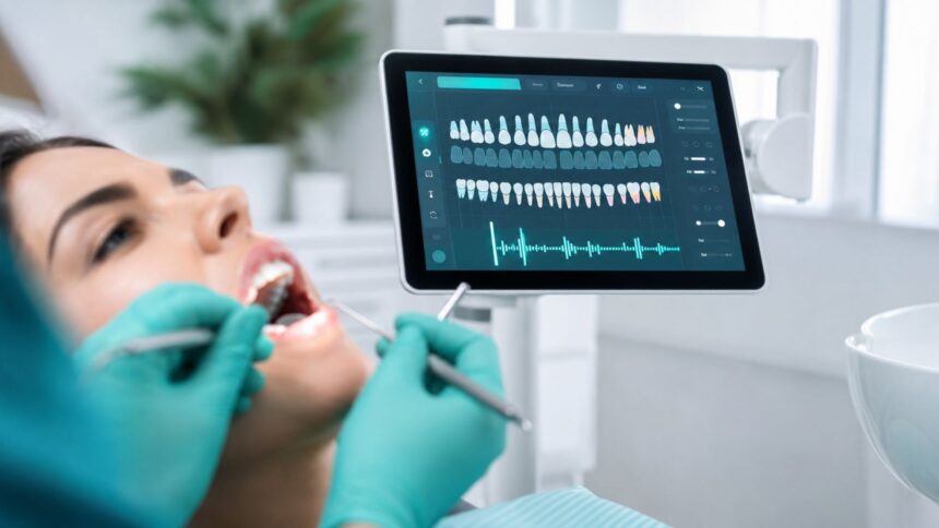 Dental hygienist performing a periodontal exam while an AI voice-charting screen displays real-time tooth charting and audio waveform