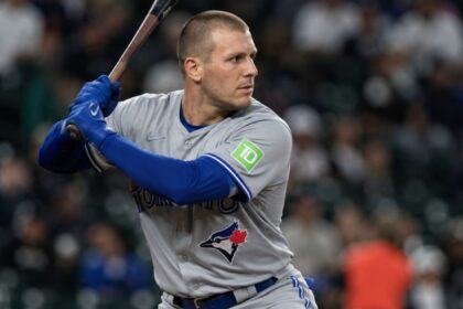 Outfielder Daulton Varsho holding a bat in his Toronto Blue Jays uniform before his trade to the Houston Astros.