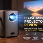 EGJSG Mini Projector review featuring device, remote, and real brightness specs