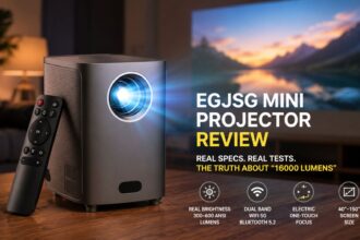 EGJSG Mini Projector review featuring device, remote, and real brightness specs