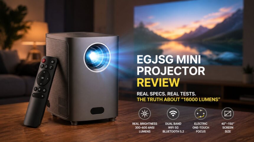 EGJSG Mini Projector review featuring device, remote, and real brightness specs