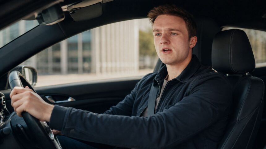 Editorial illustration of a young man driving, used in an article about Frederick Theroux, Louis Theroux’s son