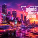GTA 6 Vice City skyline with neon streets, classic car and GTA VI logo
