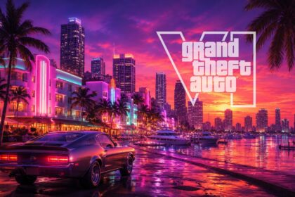 GTA 6 Vice City skyline with neon streets, classic car and GTA VI logo