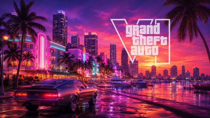 GTA 6 Vice City skyline with neon streets, classic car and GTA VI logo