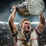 AI-generated illustration of a blond English rugby player lifting a trophy under stadium floodlights