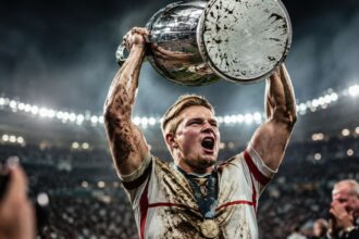 AI-generated illustration of a blond English rugby player lifting a trophy under stadium floodlights