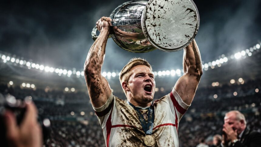 AI-generated illustration of a blond English rugby player lifting a trophy under stadium floodlights