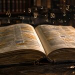 An open, vintage English dictionary resting on a dark wooden desk with glowing, golden linguistic symbols floating magically above its pages.