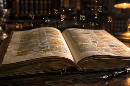 An open, vintage English dictionary resting on a dark wooden desk with glowing, golden linguistic symbols floating magically above its pages.