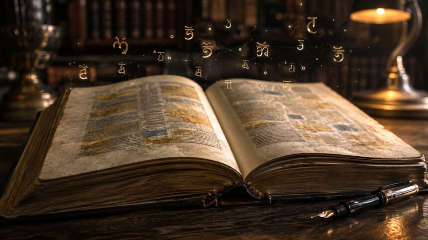 An open, vintage English dictionary resting on a dark wooden desk with glowing, golden linguistic symbols floating magically above its pages.