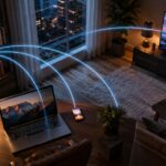 Wi-Fi router beaming home internet connection to laptop, phone, and TV in a modern living room