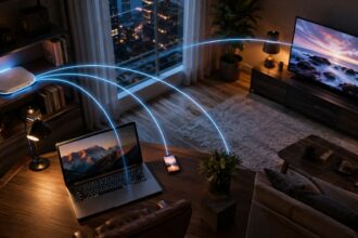 Wi-Fi router beaming home internet connection to laptop, phone, and TV in a modern living room