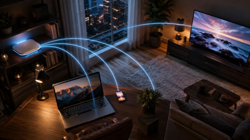 Wi-Fi router beaming home internet connection to laptop, phone, and TV in a modern living room