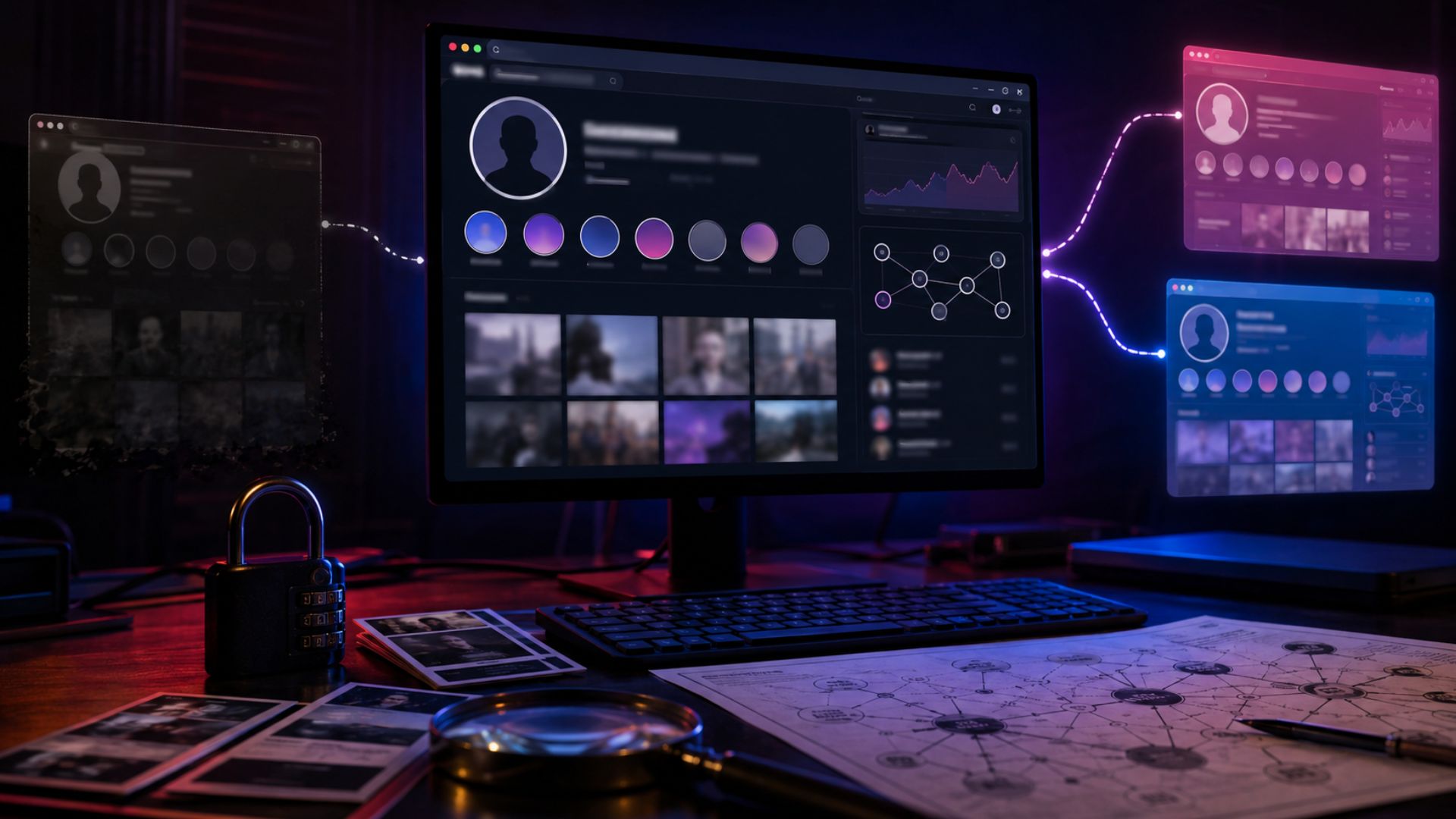 A dark computer workstation showing an anonymous Instagram profile viewer interface, with three competing browser windows splitting from a central network connection.