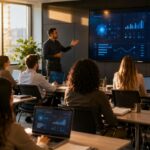 Presenter leading a corporate training session with employees viewing AI-powered learning analytics dashboards on a large screen, illustrating instructional technology services in action