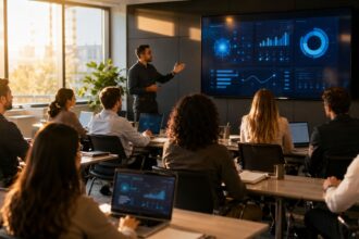 Presenter leading a corporate training session with employees viewing AI-powered learning analytics dashboards on a large screen, illustrating instructional technology services in action