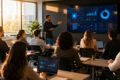 Presenter leading a corporate training session with employees viewing AI-powered learning analytics dashboards on a large screen, illustrating instructional technology services in action