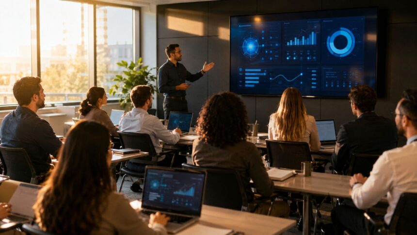 Presenter leading a corporate training session with employees viewing AI-powered learning analytics dashboards on a large screen, illustrating instructional technology services in action