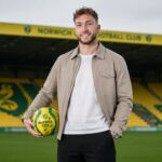 Norwich City right-back Jack Stacey standing on the pitch at Carrow Road holding a yellow and green football.