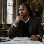 A distinguished Black British professor with long locs sits thoughtfully at a desk in a historic academic library, surrounded by books and research papers.