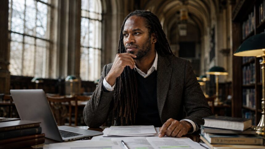 A distinguished Black British professor with long locs sits thoughtfully at a desk in a historic academic library, surrounded by books and research papers.