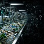 A split visual showing a realistic high-tech recycling conveyor belt with robotic arms on the left, fading into dark digital question marks on the right.