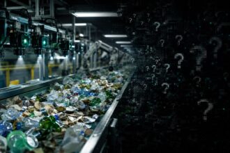 A split visual showing a realistic high-tech recycling conveyor belt with robotic arms on the left, fading into dark digital question marks on the right.