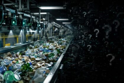 A split visual showing a realistic high-tech recycling conveyor belt with robotic arms on the left, fading into dark digital question marks on the right.