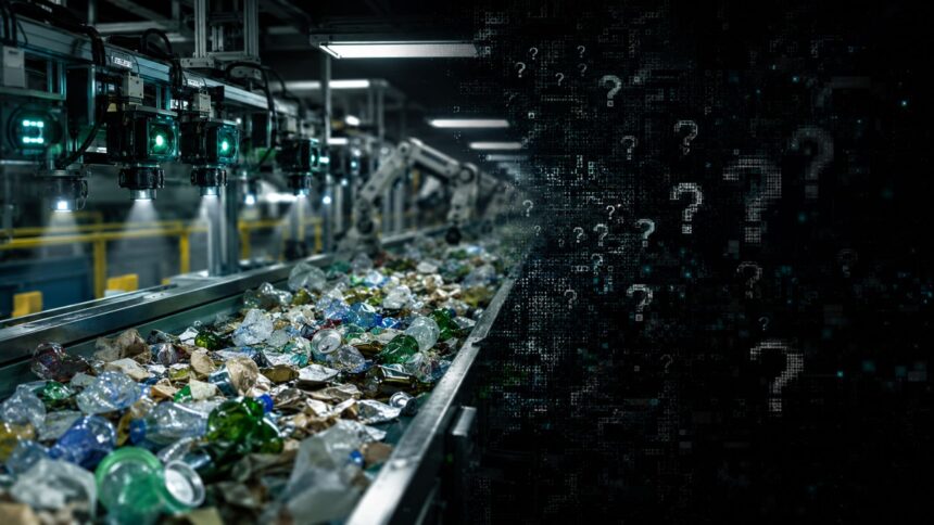 A split visual showing a realistic high-tech recycling conveyor belt with robotic arms on the left, fading into dark digital question marks on the right.