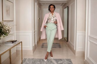 Michelle Obama wearing a pink coat, floral blouse, and mint green trousers, spring 2026