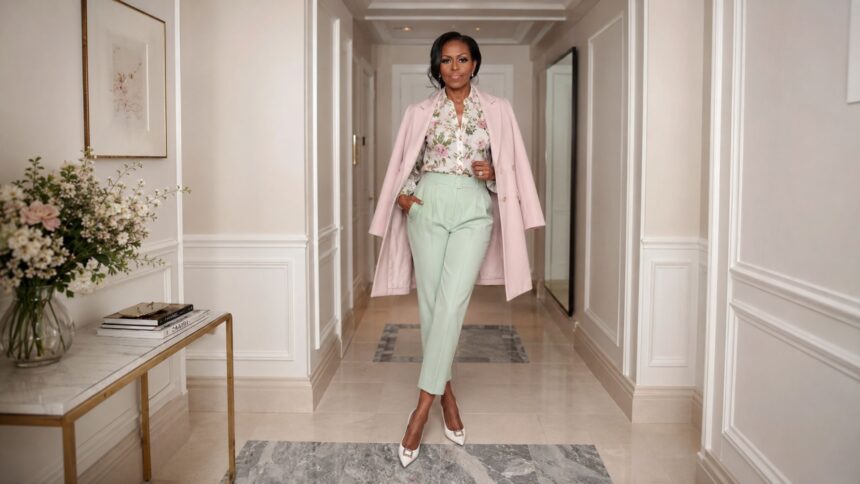 Michelle Obama wearing a pink coat, floral blouse, and mint green trousers, spring 2026