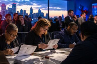 Election workers counting ballots during the tense 2026 Michigan Senate Democratic primary election night