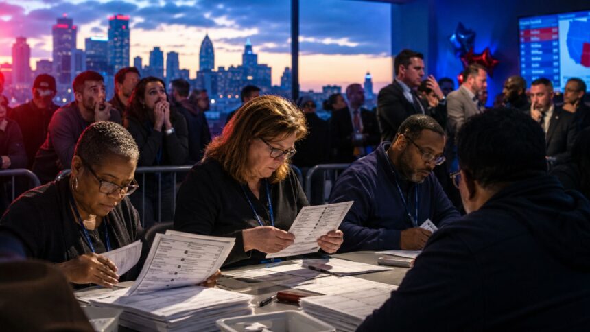 Election workers counting ballots during the tense 2026 Michigan Senate Democratic primary election night