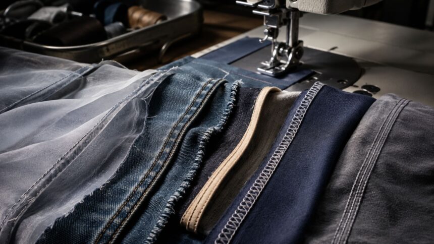 A close-up view of an industrial sewing machine needle operating over multiple fabric swatches, displaying different seam types including French, flat-felled, and overlock seams.