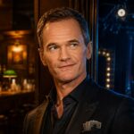 Neil Patrick Harris in dark tailoring between a warmly lit sitcom bar and a blue-lit Broadway stage