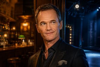 Neil Patrick Harris in dark tailoring between a warmly lit sitcom bar and a blue-lit Broadway stage