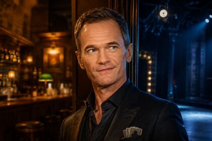 Neil Patrick Harris in dark tailoring between a warmly lit sitcom bar and a blue-lit Broadway stage