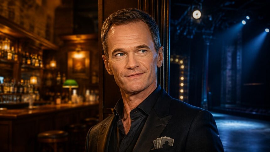 Neil Patrick Harris in dark tailoring between a warmly lit sitcom bar and a blue-lit Broadway stage