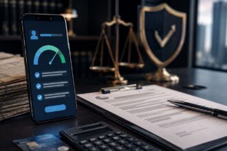 A smartphone displaying a loan eligibility meter next to a signed financial agreement, calculator, and a metallic legal scale on a dark office desk.