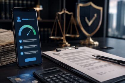 A smartphone displaying a loan eligibility meter next to a signed financial agreement, calculator, and a metallic legal scale on a dark office desk.