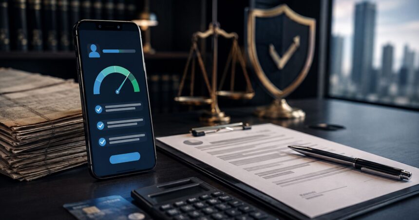 A smartphone displaying a loan eligibility meter next to a signed financial agreement, calculator, and a metallic legal scale on a dark office desk.
