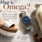 A flat-lay photograph on a white marble surface featuring a wedge sandal, a steel luxury diving watch, and a glass bottle of plant-based milk.