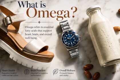 A flat-lay photograph on a white marble surface featuring a wedge sandal, a steel luxury diving watch, and a glass bottle of plant-based milk.