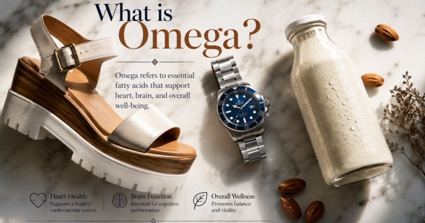 A flat-lay photograph on a white marble surface featuring a wedge sandal, a steel luxury diving watch, and a glass bottle of plant-based milk.