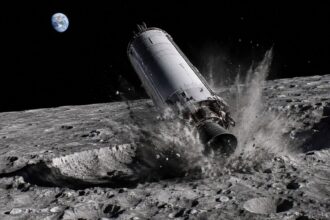Discarded SpaceX Falcon 9 upper stage crashing into the Moon near a rugged crater